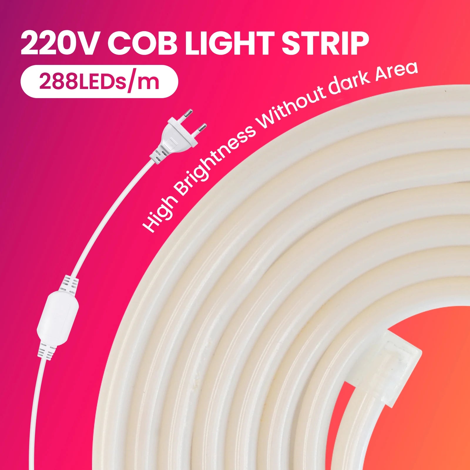 220V COB Led Strip EU Plug Warm White Red Blue Green Pink 288LEDs/m IP65 Waterproof Flexible Neon Light for Kitchen Room Garden