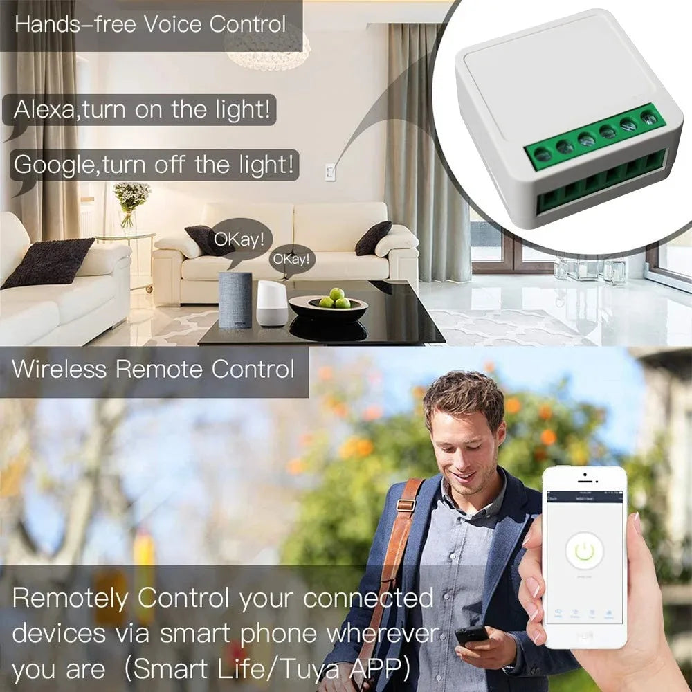 Work with Tuya Smart Life App Mini 16A WiFi Smart Switch, 2-Way Control Module for Smart Home Automation, Compatible with Alexa