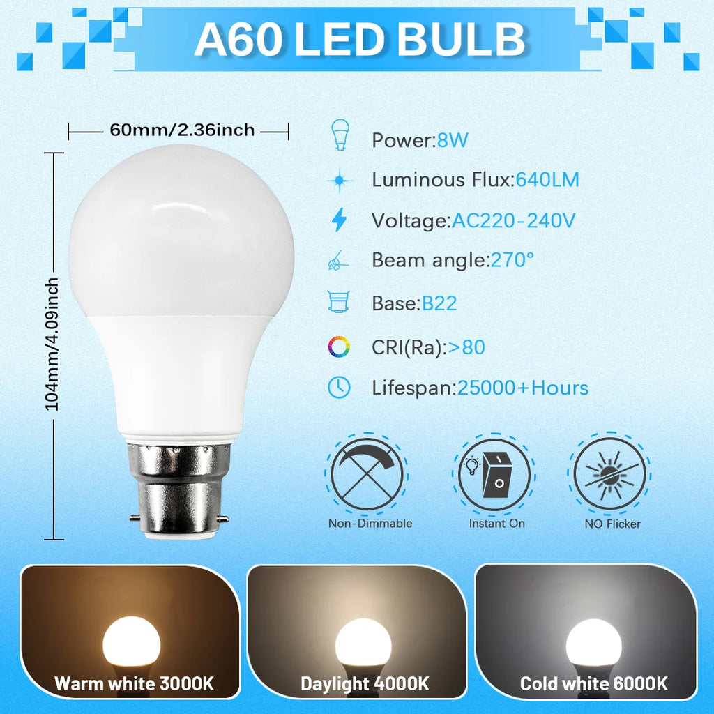 4PCS LED Bulb B22 Lamps 80-100LM/W 3W 8W 9W 12W 15W 18W 24W AC 220V 240V Lampada Light Bulbs LivingRoom Home Indoor LED Bombilla