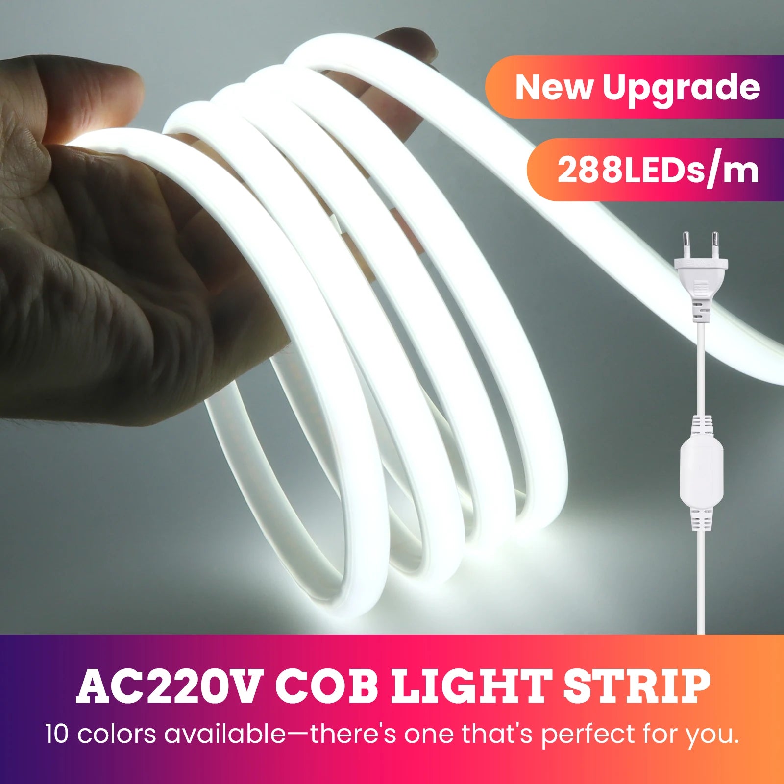 220V COB Led Strip EU Plug Warm White Red Blue Green Pink 288LEDs/m IP65 Waterproof Flexible Neon Light for Kitchen Room Garden