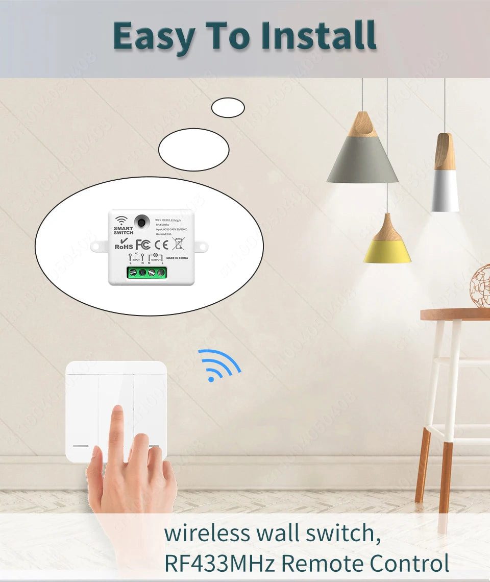 Tuya Smart Home Wifi RF433 Mhz Switch 1/2/3gang Button Switch Strong Signal Wiring-free Remote Control  Works with Alexa Google