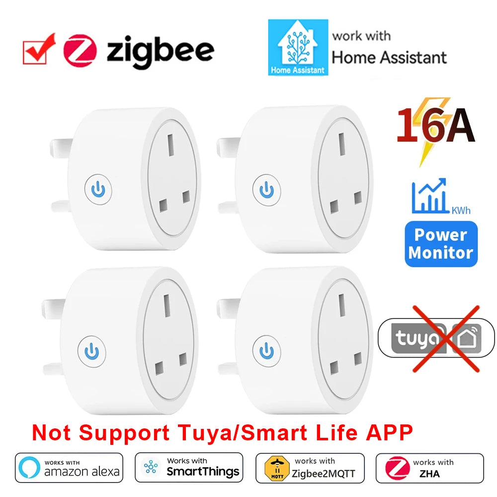Home Assistant ZigBee Smart Plug 16A Smart Home Outlet UK Socket with Power Monitor Function APP Control Supports Alexa Z2M ZHA