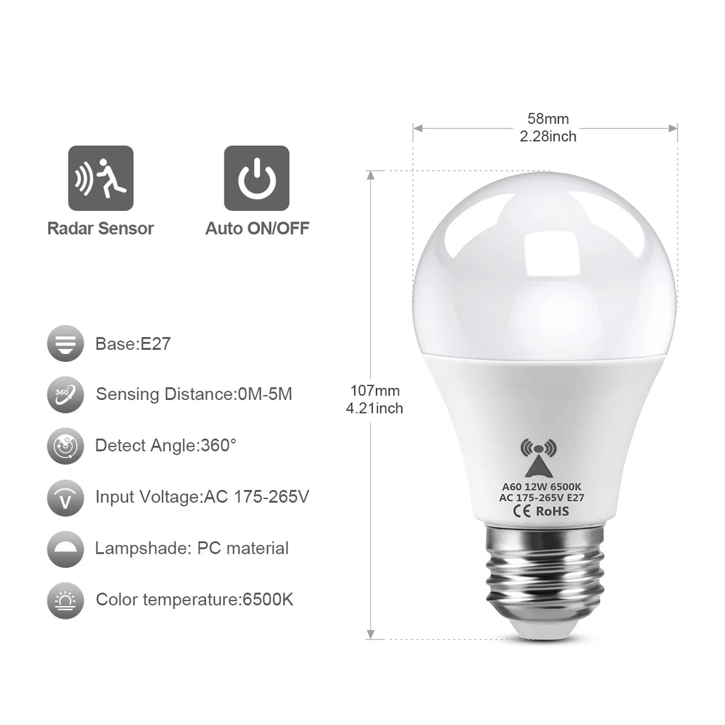 12W 220V LED Night Light Lamp Built-in Radar Motion Sensor/Light Sensor E27 LED Bulb For Corridor Stair Outdoor Garden Lighting