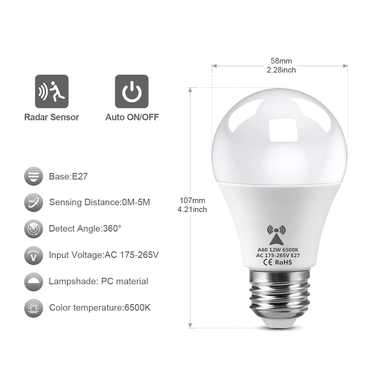 12W 220V LED Night Light Lamp Built-in Radar Motion Sensor/Light Sensor E27 LED Bulb For Corridor Stair Outdoor Garden Lighting
