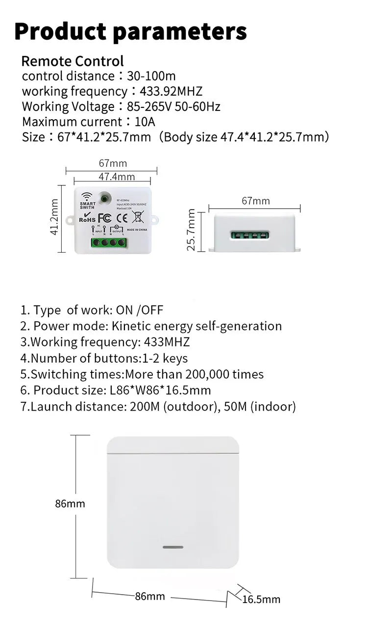 Self-powered 433Mhz Wireless Wall Switch Battery Required Remote Control Light Switch Waterproof 1 2 3Gang No Wiring
