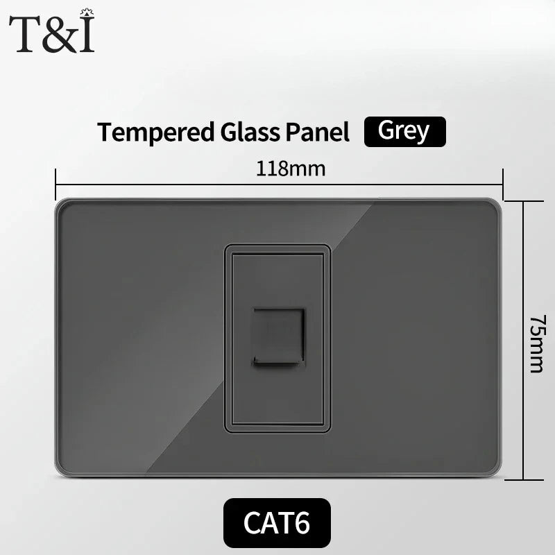 118*75mm TEMPERED GLASS SWITCH PANEL Wall Socket with USB Type - C, Grey US Switch, Thai Plug for Home & Office Use