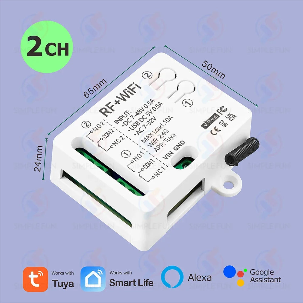 Tuya WiFi RF433mhz Motor Remote Control Switch 2 CH DC 12V 24V DIY Switch/Garage Door Opener/Motor,Work with Alexa Google Home