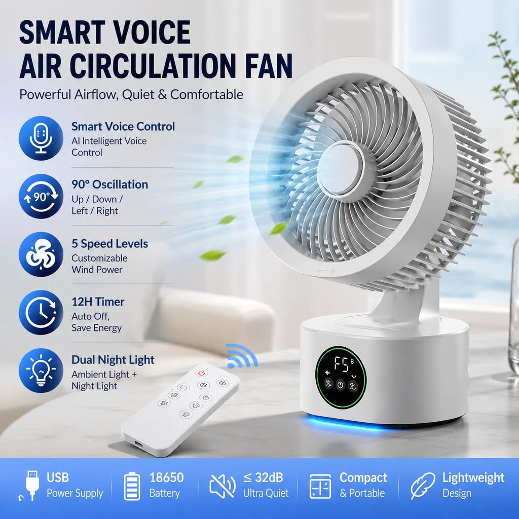 Smart Voice USB Fan Air Circulation Timer Fan Portable Night Light Function Fan, For Outdoor Travel And Student Dormitories