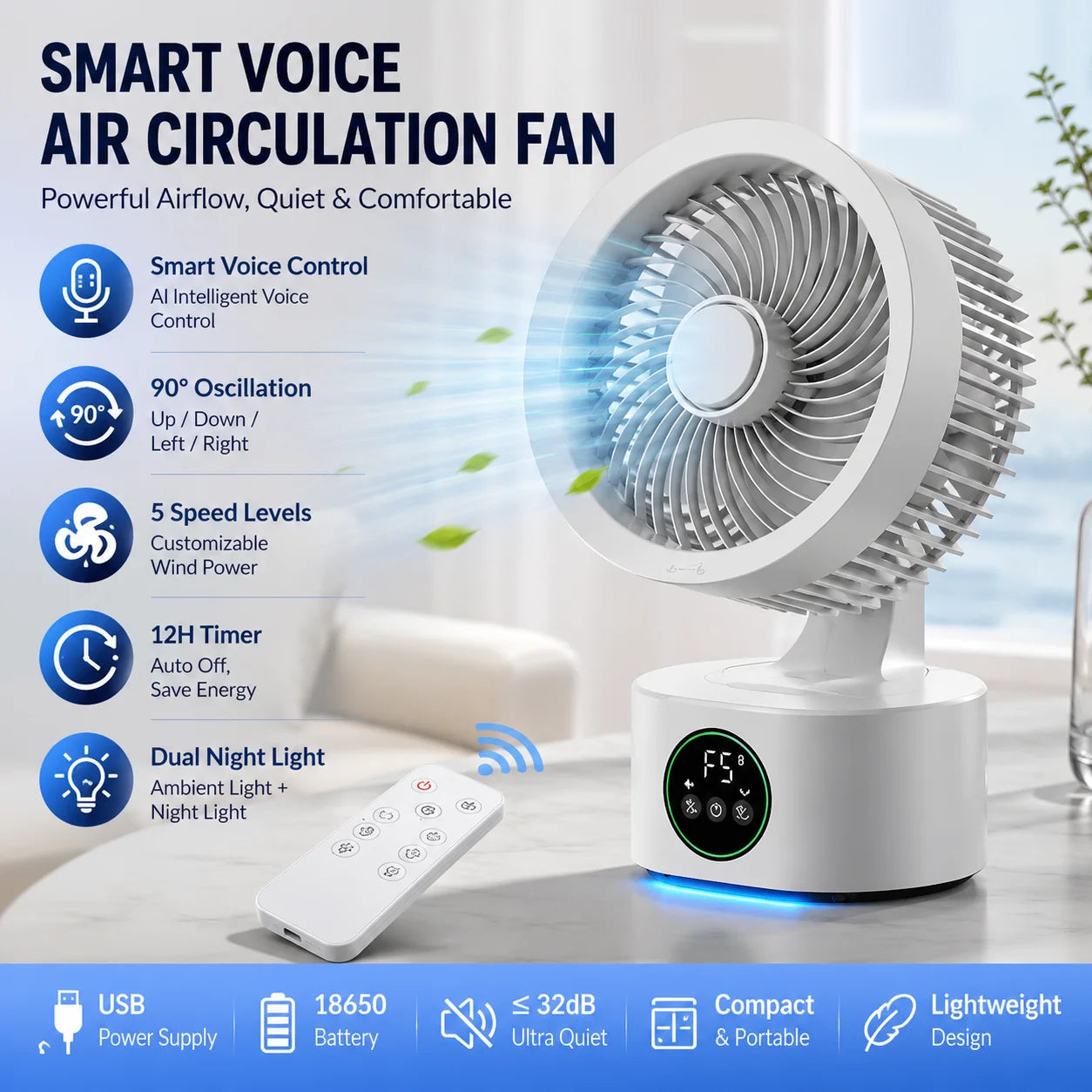 Smart Voice USB Fan Air Circulation Timer Fan Portable Night Light Function Fan, For Outdoor Travel And Student Dormitories