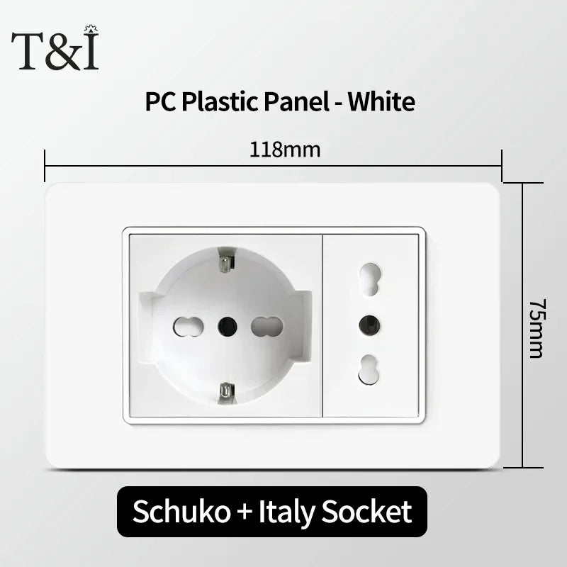 118 PC Plastic Panel Socket USB Type-C 20W Fast Charging Italy Chile Smart Wall Outlet Plug White Light Switch Home Office