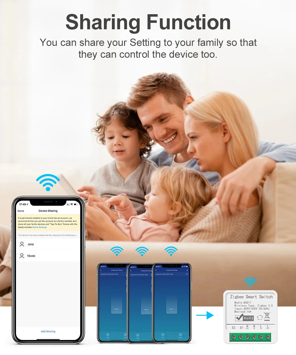 Smart ZigBee3.0 Light Switch Module 16A MiNi DIY Breaker Switch Supports 2 Way Control App Remote Control for Alexa Google Home