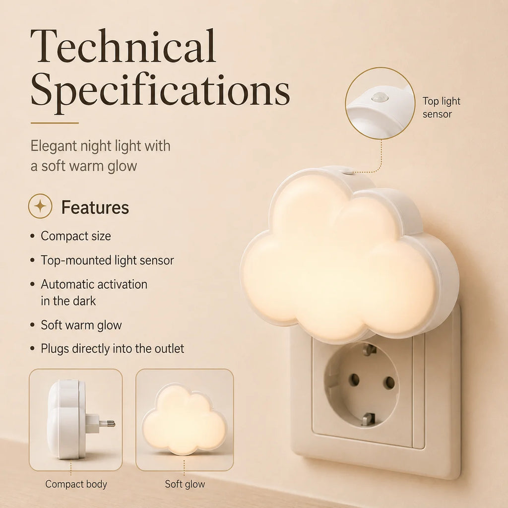 Cloud Shaped LED Nightlight with Light Sensor Plug in Automatic on Off Lamp for Children Room Hallway Stairway