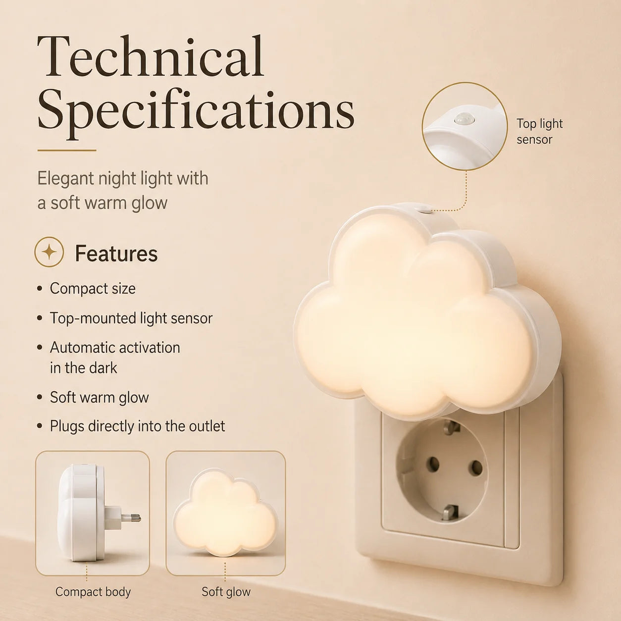 Cloud Shaped LED Nightlight with Light Sensor Plug in Automatic on Off Lamp for Children Room Hallway Stairway