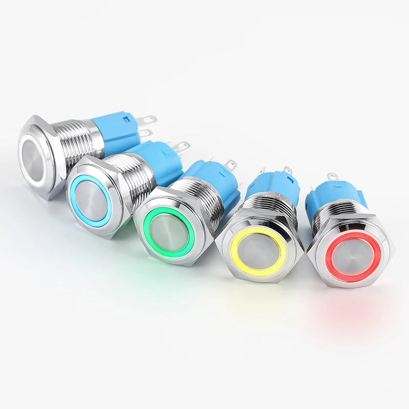 12mm 16mm 19mm 22mm metal push button on off switch power LED light Waterproof Flat circular button 3v 6v 12v 24v 110v 220v ip65