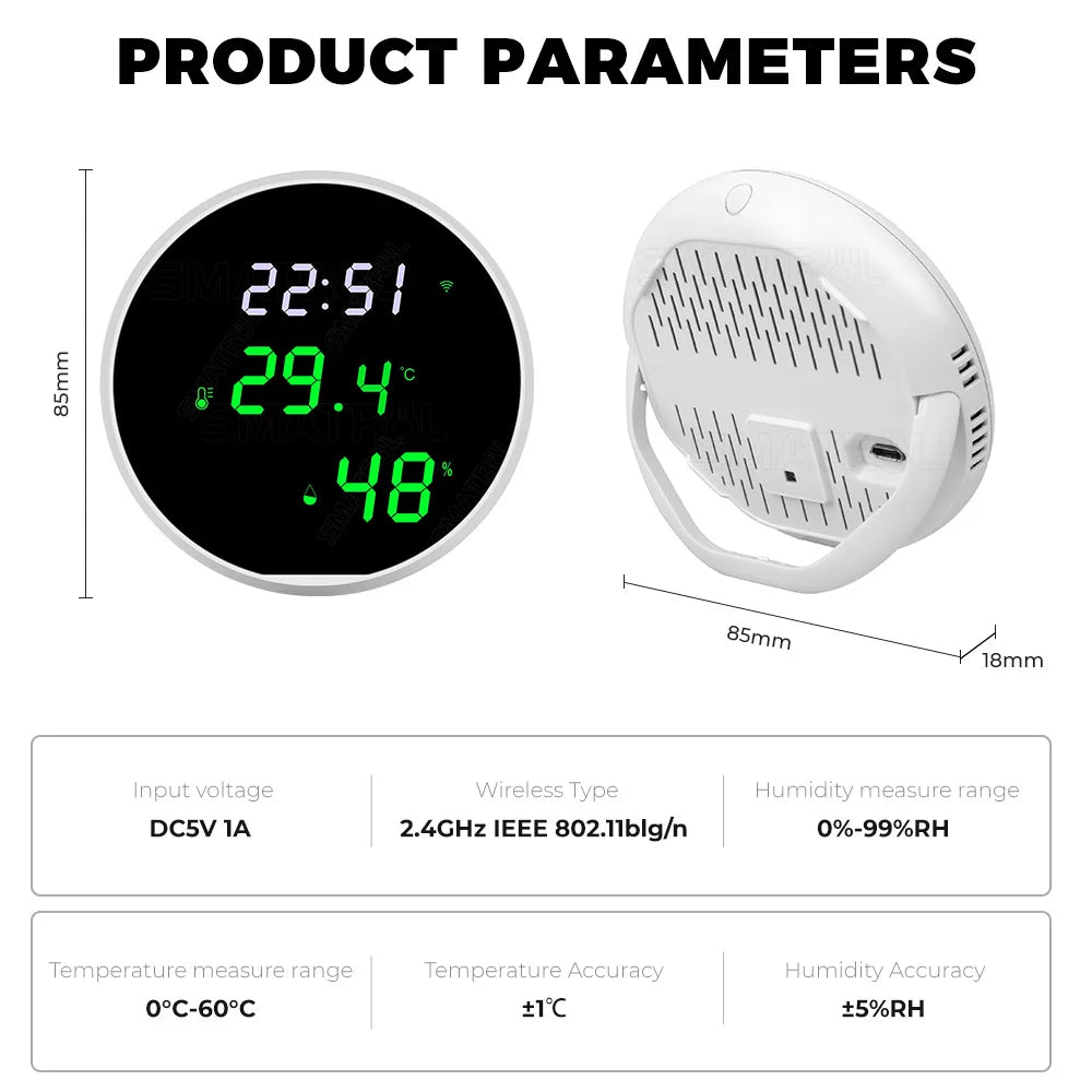 Tuya USB Smart Temperature Humidity Sensor WiFi APP Remote Monitor for Smart Home Smart Life, Works With Alexa, Google Assistant