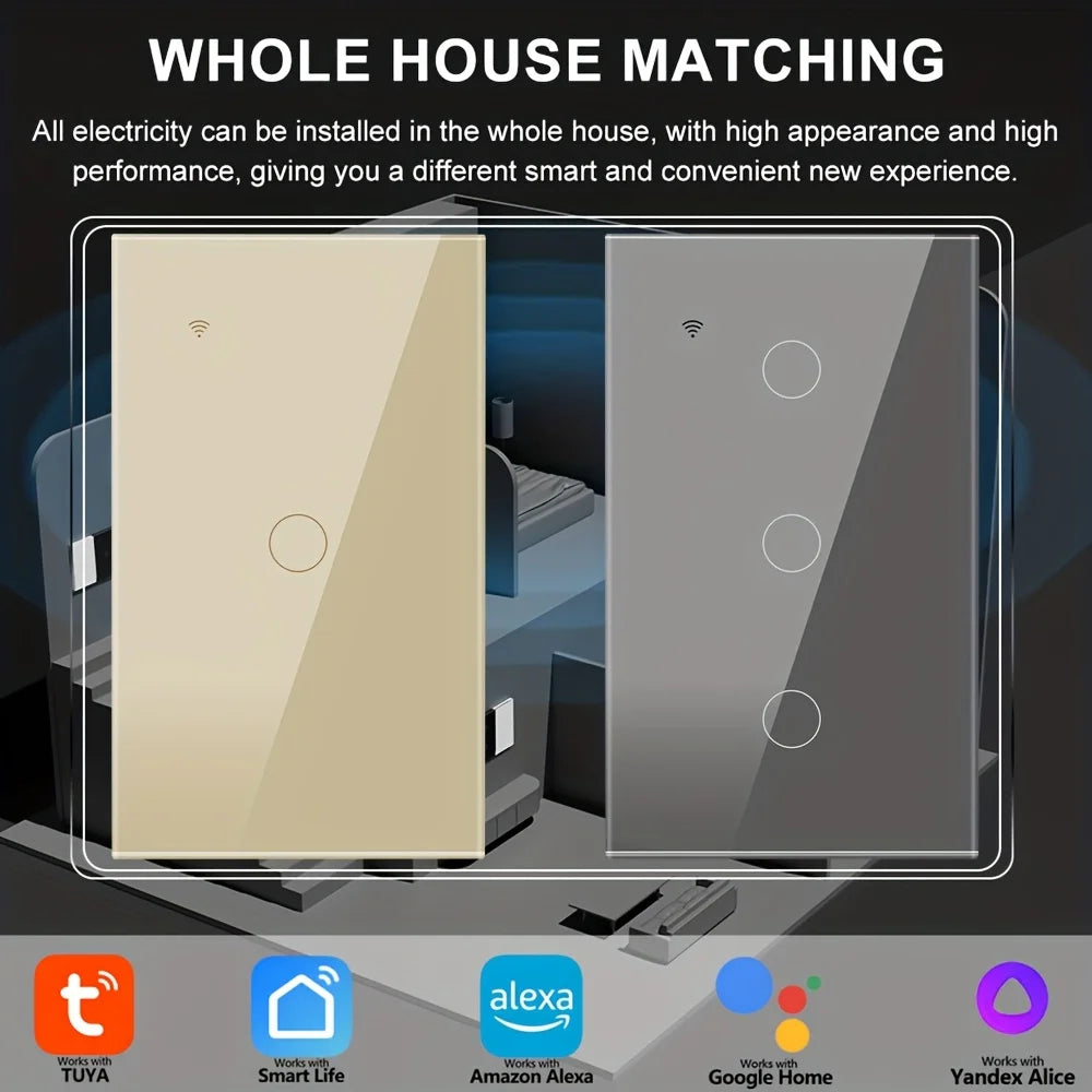Smart WiFi Switch Single Neutral Wire Universal Touch Control Tuya APP Alexa Google Home Compatible Gold Gray