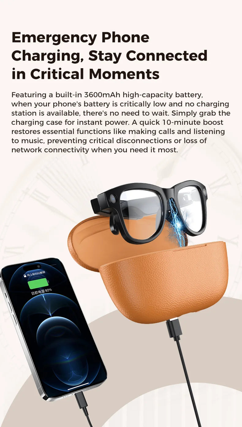 2026 New 3600mAh Large Capacity Smart Glasses 800W Pixel Anti-shake Camera 120+Language Translation Video Recording Call Glasses