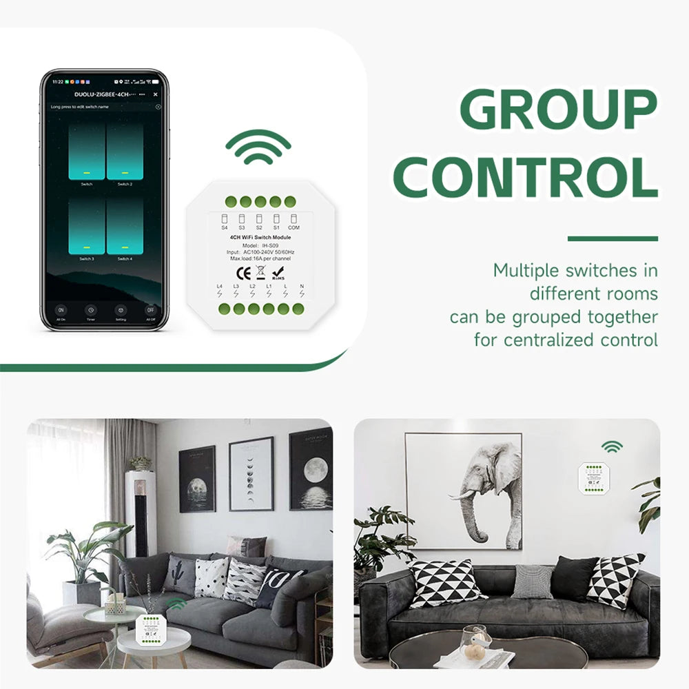 Tuya 16A WiFi Smart Switch Module IH-S09 50.22450.2mm AC100-240V Remote Control Home Automation Switch With Google Assistant