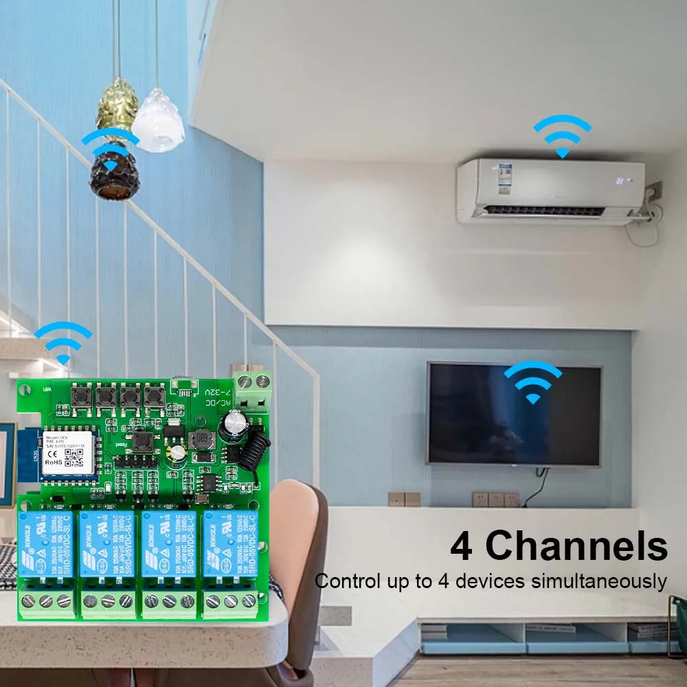 4CH Wifi Relay Smart Wireless Switch Module 4 Channel 7-32V 85-250V 220V 110V 2200W RF433 4 Way Receiver Works with Tuya Alexa