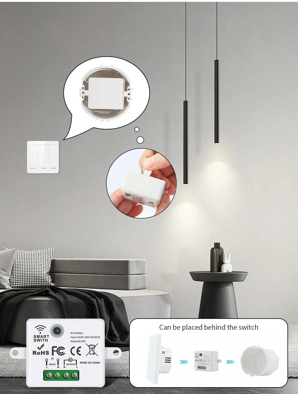 433MHz Wireless Remote Control Light Switch AC 220V 10A On Off Remote Controller Transmitter Wall Panel Switch For Lighting Led