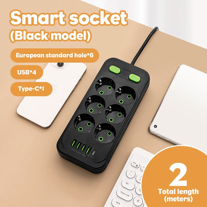EU Plug Outlet 2-6 Sockets Electrical Socket No Extension Cord With or without it USB Type-C Ports Two specifications