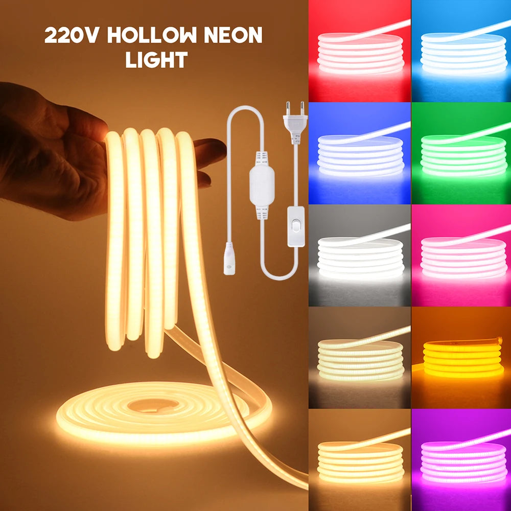 220V Switch COB LED Neon Strip Light 288LED AC EU Power Plug Kit White Pink Red 10 Color Waterproof Flex Tape Home Kitchen Decor