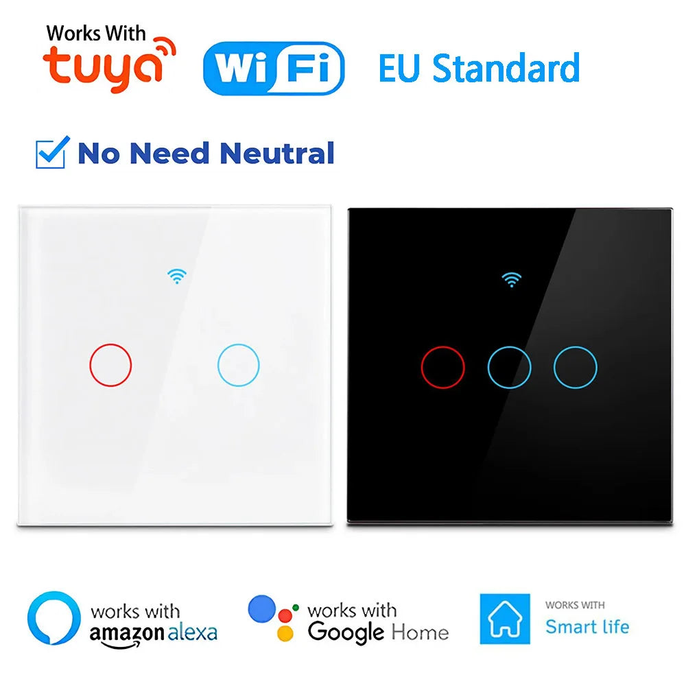 WiFi Smart Switch With Neutral Wire RF433MHz EU Touch Wall Switch 1/2/3 Gang Voice Control Google Home Work Witch SmartLife APP