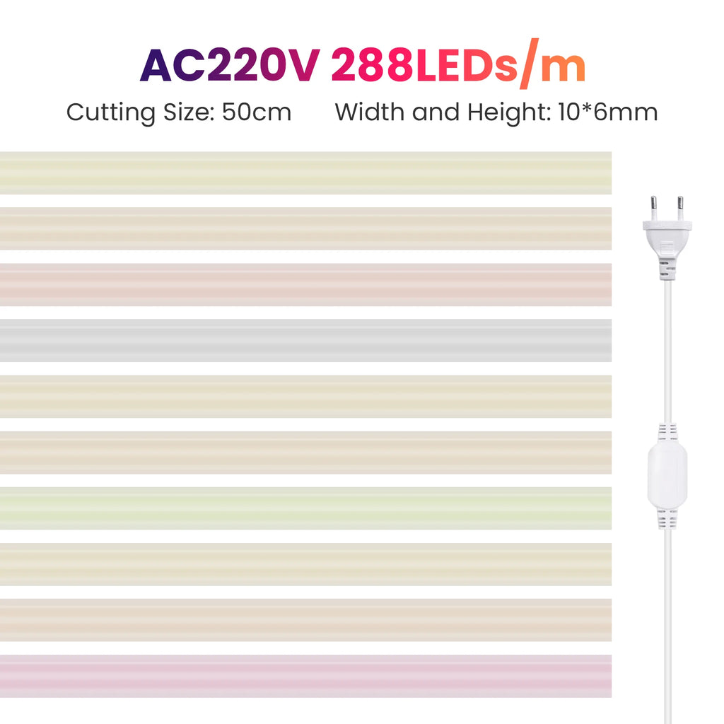 220V COB Led Strip EU Plug Warm White Red Blue Green Pink 288LEDs/m IP65 Waterproof Flexible Neon Light for Kitchen Room Garden