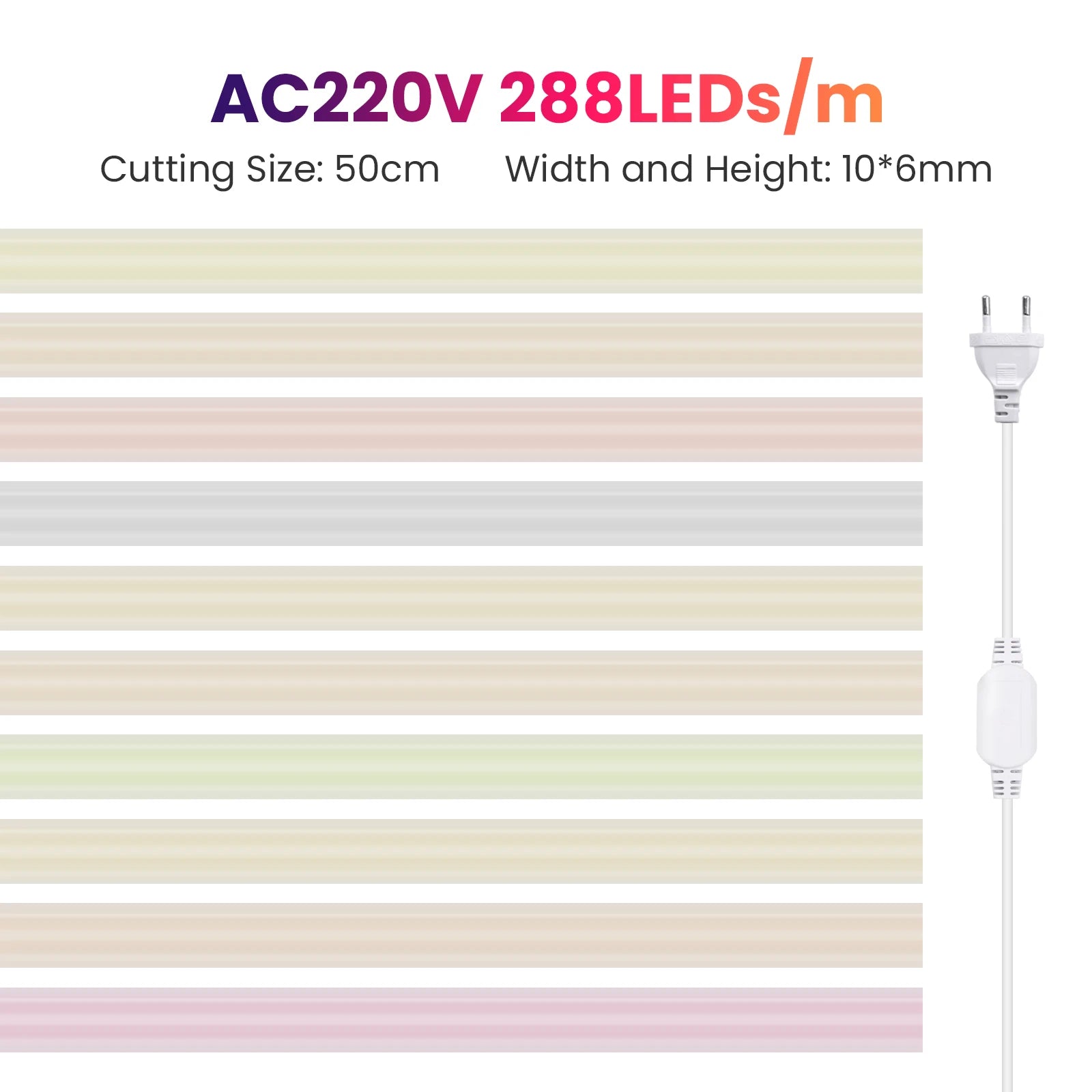 220V COB Led Strip EU Plug Warm White Red Blue Green Pink 288LEDs/m IP65 Waterproof Flexible Neon Light for Kitchen Room Garden