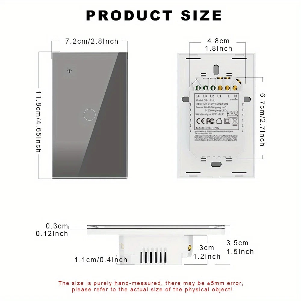 Smart WiFi Switch Single Neutral Wire Universal Touch Control Tuya APP Alexa Google Home Compatible Gold Gray