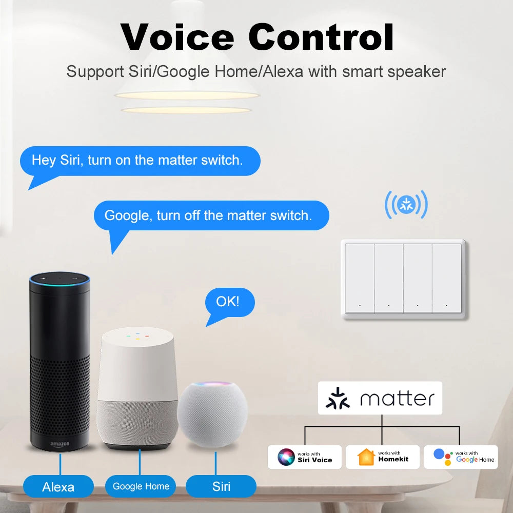 Smart Matter WIFI US Wall Light Switch Neutral Wire Optional 1-4 Gang Big Physical Push Button Voice Control Google Home Alexa