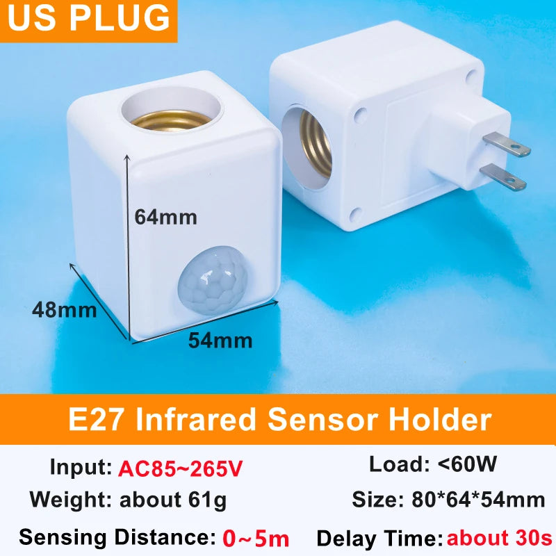 AC85-265V EU/US Plug E27 PIR Motion Sensor LED Switch Lamp Base Human Induction Light Bulb Holder Socket Adapter Converter