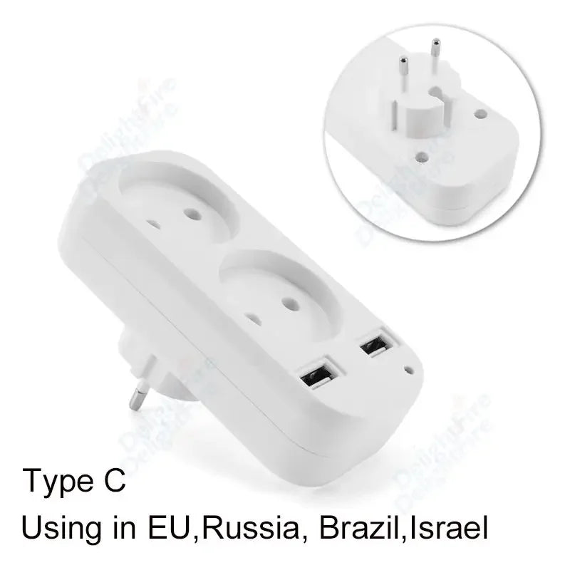 EU Plug Adapter Wall Outlet USB 1 To 2 Way European Standard Extender Socket With 2 USB Port Power Strip AC Convert Adaptor
