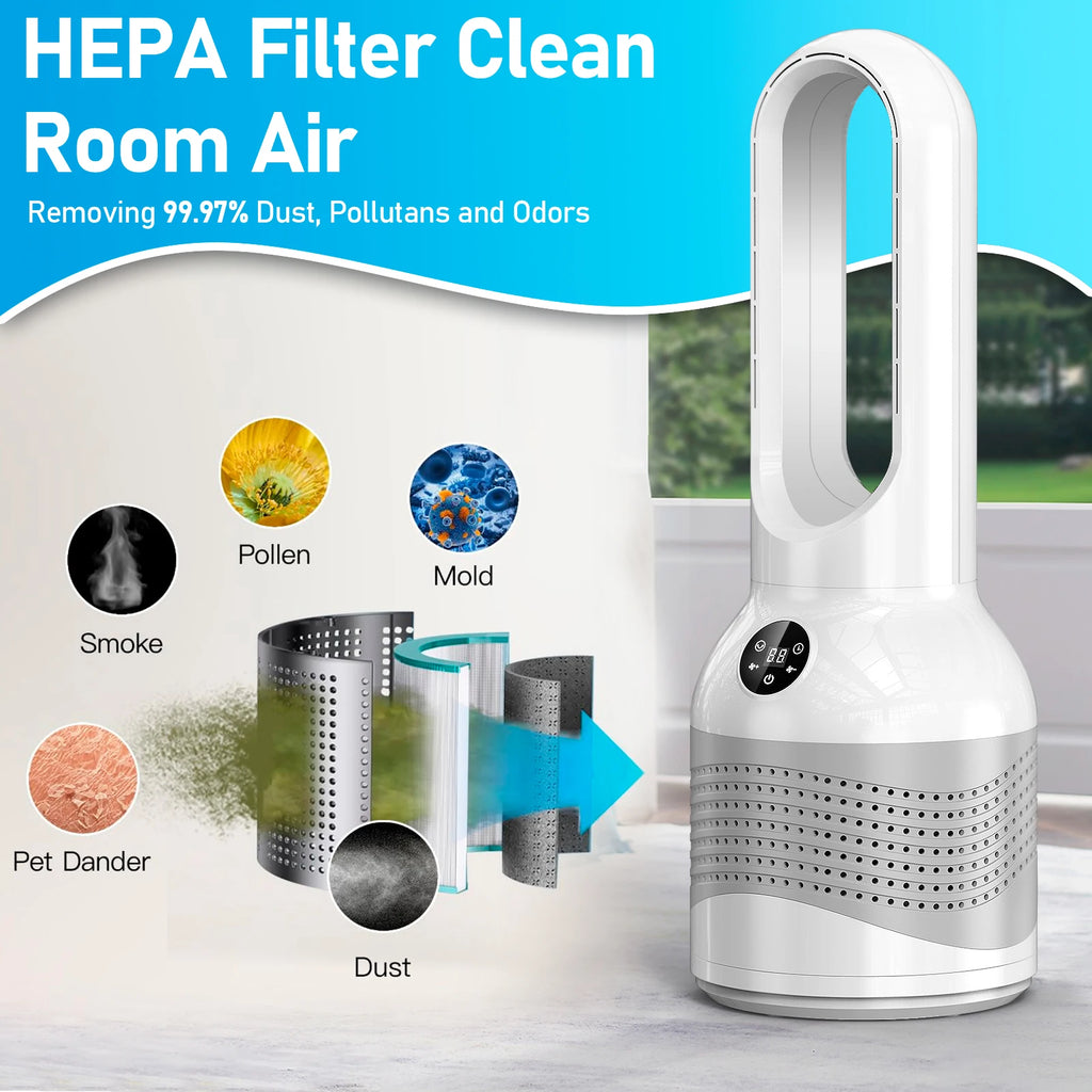 Smart 3-in-1 Air Purifier Bladeless Tower Pedestal Fan with Electric Heater and Leafless Standing Feature for Household Use
