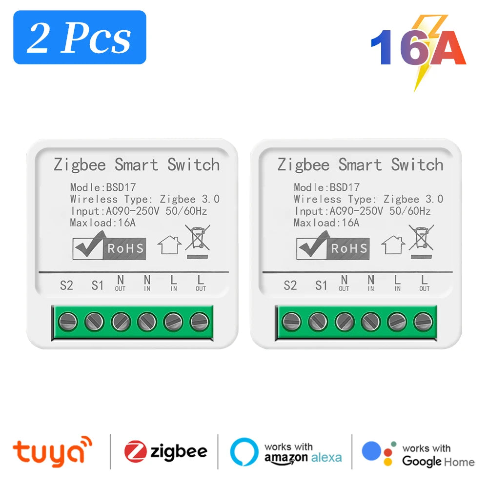 Smart ZigBee3.0 Light Switch Module 16A MiNi DIY Breaker Switch Supports 2 Way Control App Remote Control for Alexa Google Home