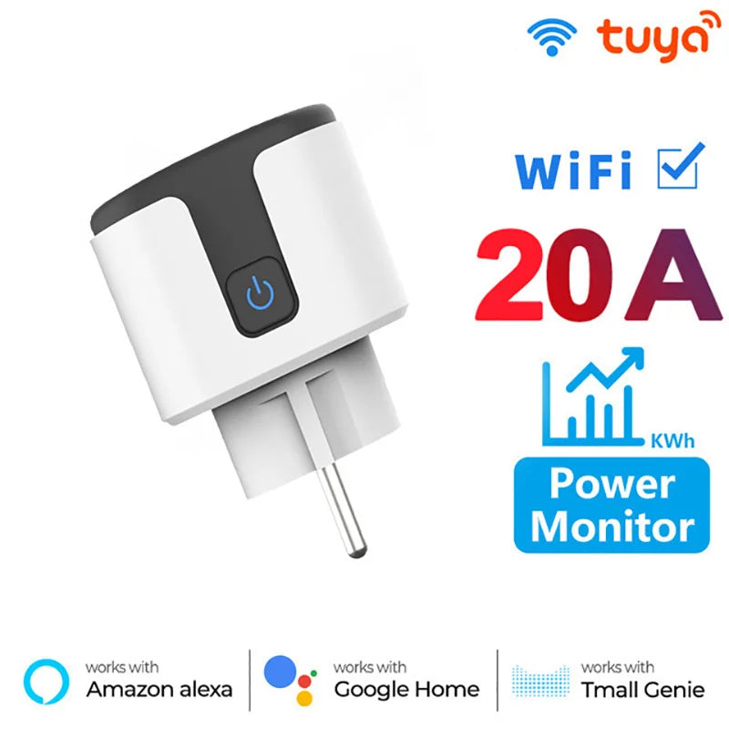 20A AC100-240V Wifi Smart Plug Smart Socket EU Power Monitor Outlet Alexa Google Home Voice Control Tuya Smart Life APP