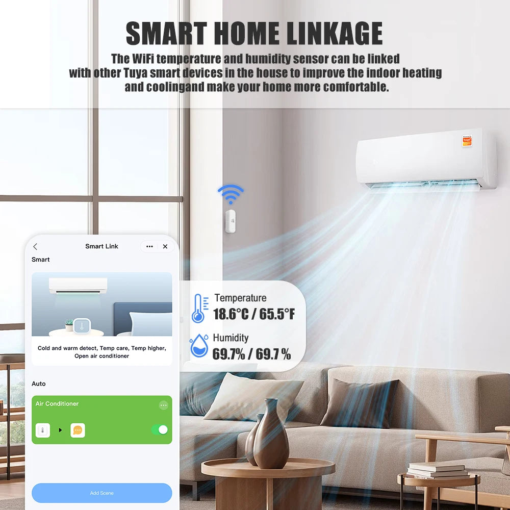 Tuya WiFi Temperature and Humidity Sensor Smart Life Monitoring Battery-Powered Home Automation Compatible with Alexa
