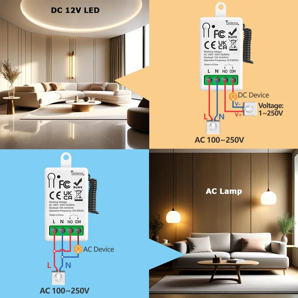 433MHz Smart Light Switch AC 110V 220V Receiver and 1/2/3Gang 86 Wireless Push Button Switch Transmit 50m for Home Improvement
