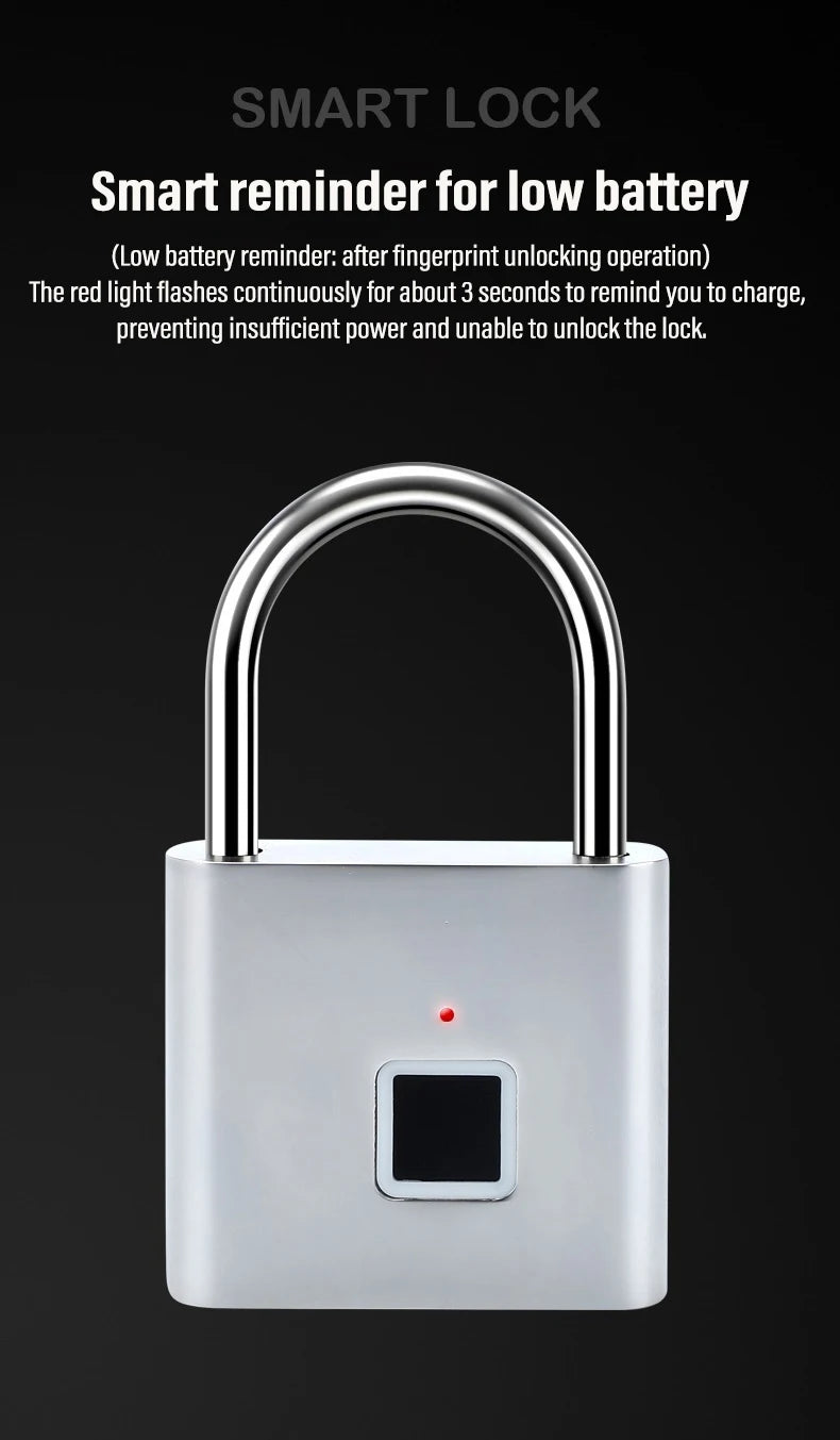 Smart Fingerprint Padlock Keyless Waterproof Zinc Alloy Biometric Padlocks USB Charging Fingerprint Lock Anti-theft Door Lock