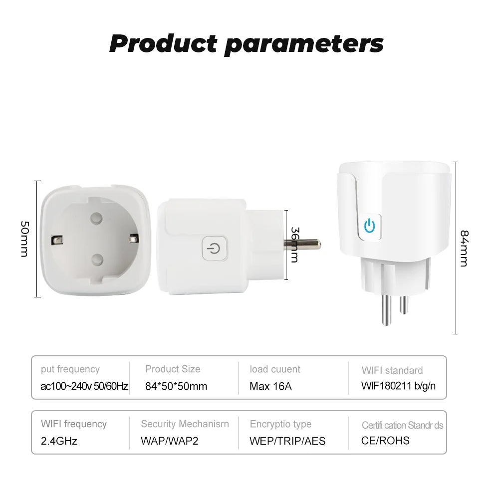 Tuya Smart Life APP Control Works With Alexa Google Home Smart Plug WiFi Socket EU 16A/20A With Power Monitor Timing Function T