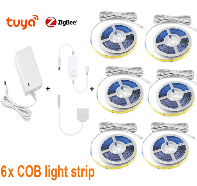 Zigbee Smart Under Cabinet COB LED Strip Dimmable Light Bookcase Wardrobe Closet Tuya Lamp Tape App Remote Control Wifi Lights