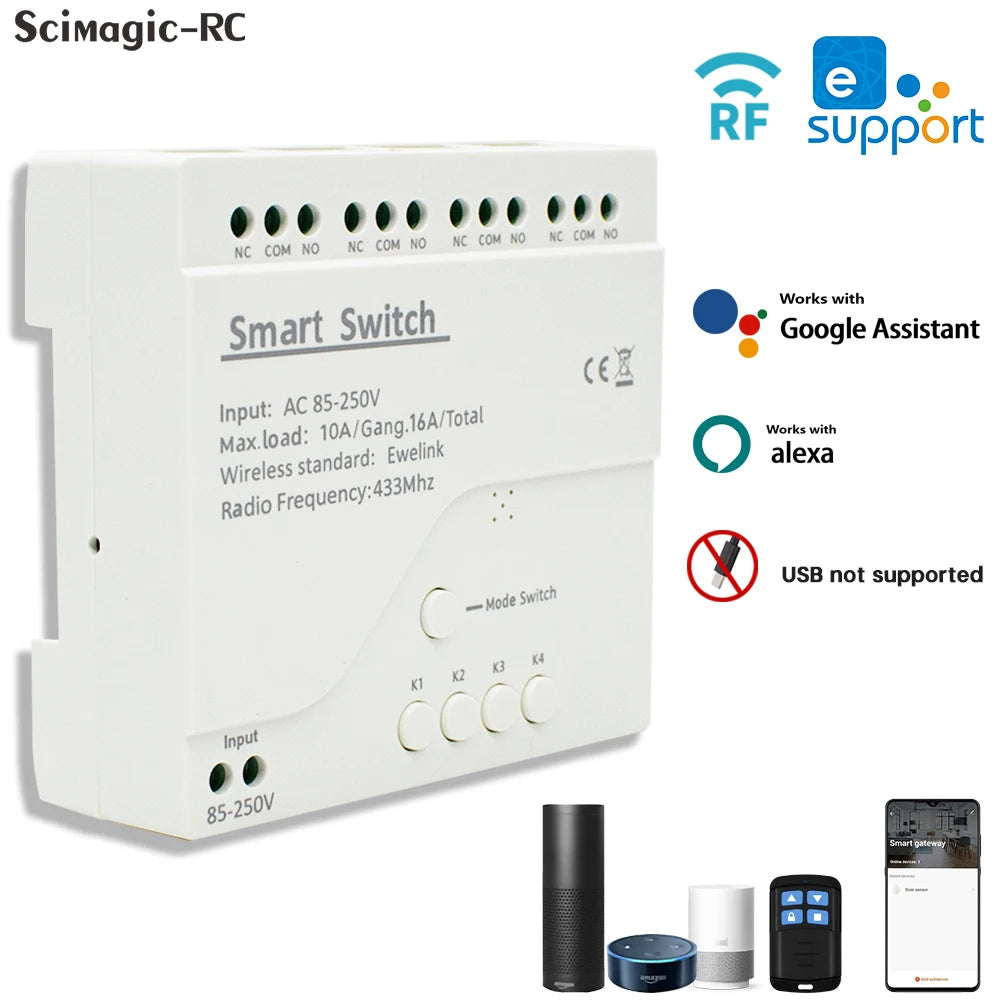 EWelink WiFi Smart 4CH Switch 220V 10A Relay Module APP Remote Control 12V 24V 85-250V Receiver Google Home Alexa