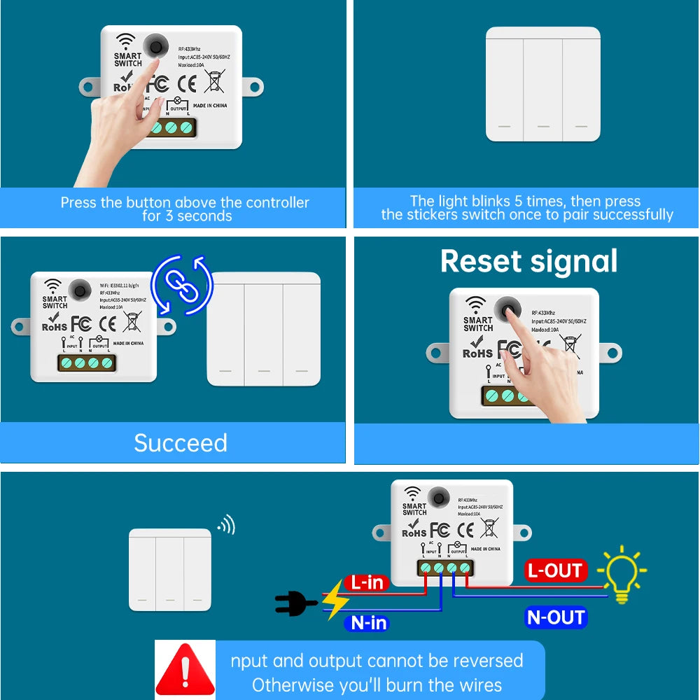 SIXWGH Wireless Light Switch Set 1/2/3Gang 433Mhz Push Button Home Remote Controller 10A 110V 220V For Led Light Lamp