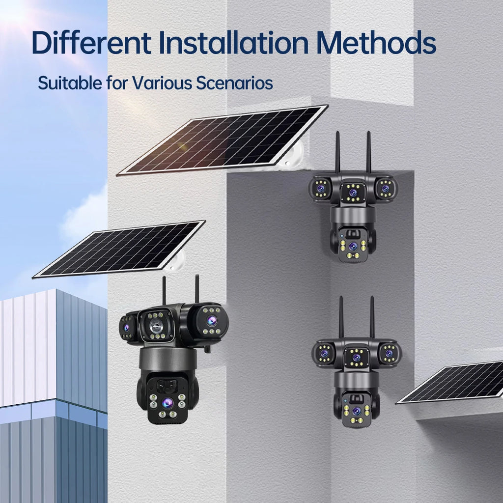 15MP IP Wifi Camera Wireless Solar Camera PTZ 3 Lens Outdoor Waterproof 10X Zoom Night Vision PIR Human Detect Security Camera