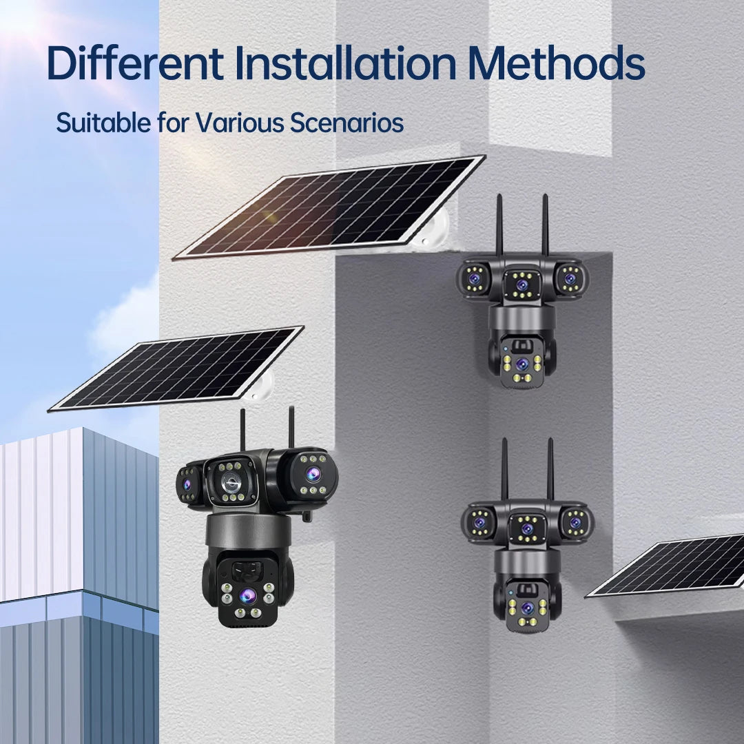 15MP IP Wifi Camera Wireless Solar Camera PTZ 3 Lens Outdoor Waterproof 10X Zoom Night Vision PIR Human Detect Security Camera