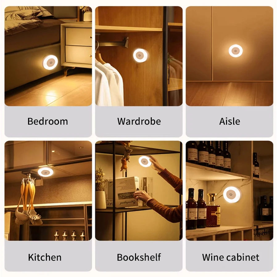 6CM Rechargeable Led Night Light with Touch Switch Wireless Wall Lamp Reading Book Light 3-Colors Dimmable for Bedroom Cabinet