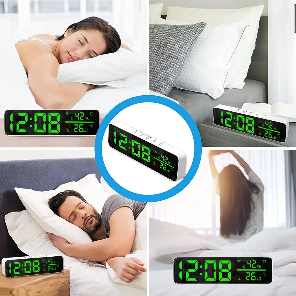 Tuya WiFi Temperature Humidity Sensor Support Time Alarm Clock Display USB Desktop Mirror LED Clocks for Living Room Decoration