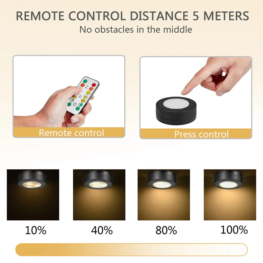 1-6Pcs Black CCT Round LED Under Cabinet Closet Light Furniture Dimmable Wardrobe Lamp Warmwhite White 3000-6500K Remote Control