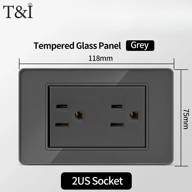 118*75mm Tempered Glass Socket US Wall Socket Grey Thai USB Socket Plug with Dual USB Type-C Ports,Light Switch 110V