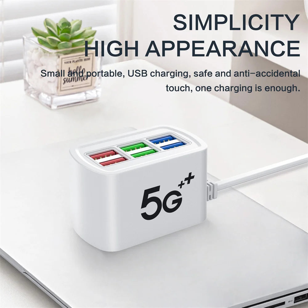 6 in 1 Fast USB Charger Power Strip Desktop Fast Charging Station with 1m Cord USB Hub Adapter Socket for iPhone Home EU US Plug